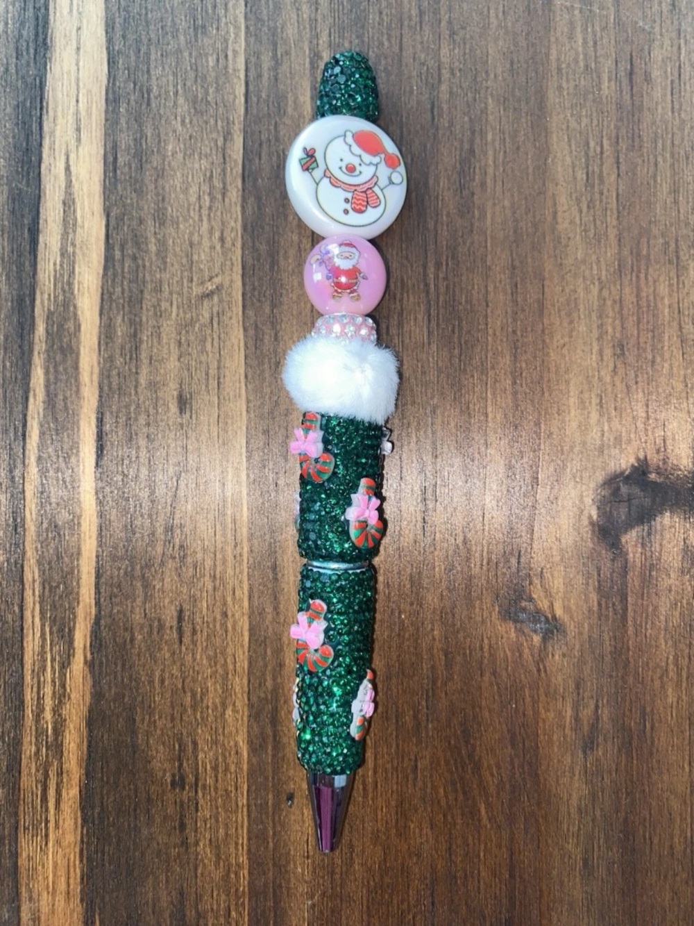 Green Glitter Holiday Pen with Pink Snowman Accents